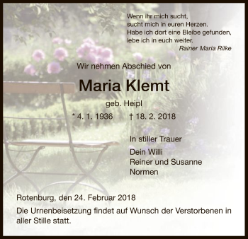 Traueranzeige von Maria Klemt von HNA