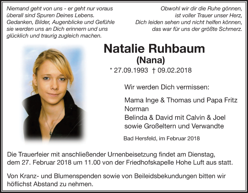  Traueranzeige für Natalie Ruhbaum vom 24.02.2018 aus etm