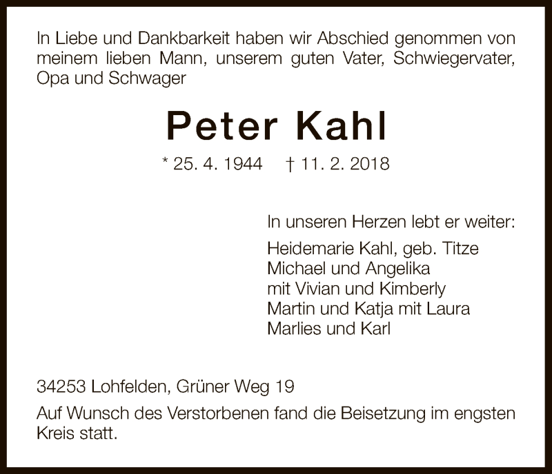  Traueranzeige für Peter Kahl vom 24.02.2018 aus HNA