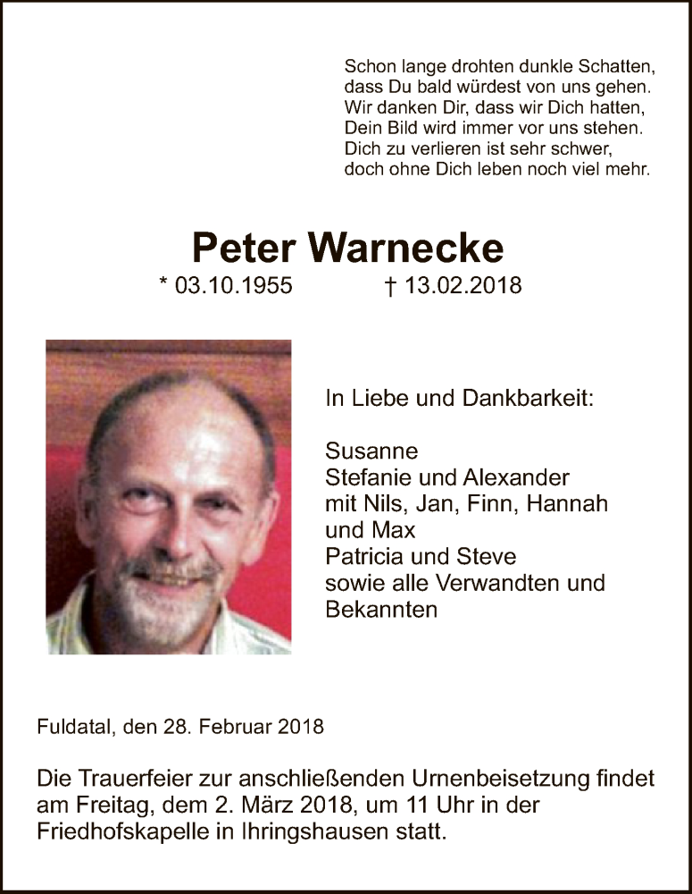  Traueranzeige für Peter Warnecke vom 28.02.2018 aus HNA