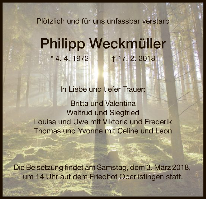  Traueranzeige für Philipp Weckmüller vom 26.02.2018 aus HNA