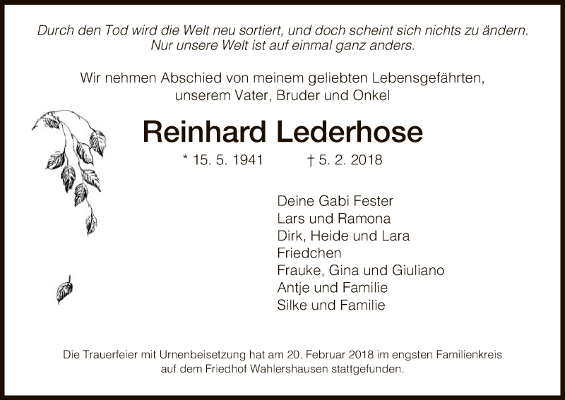  Traueranzeige für Reinhard Lederhose vom 24.02.2018 aus HNA