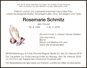 Traueranzeige von Rosemarie Schmitz von HNA