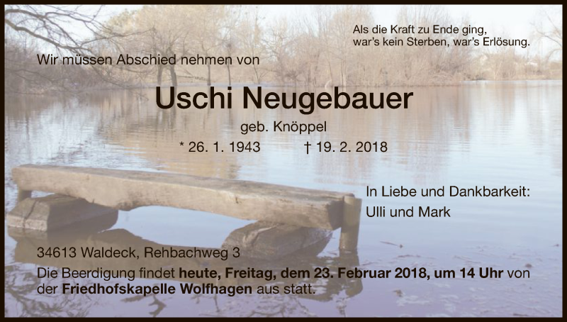  Traueranzeige für Uschi Neugebauer vom 23.02.2018 aus HNA