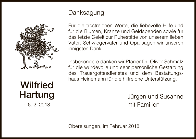  Traueranzeige für Wilfried Hartung vom 27.02.2018 aus HNA