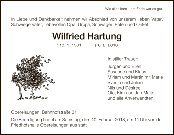Traueranzeige von Wilfried Hartung von HNA