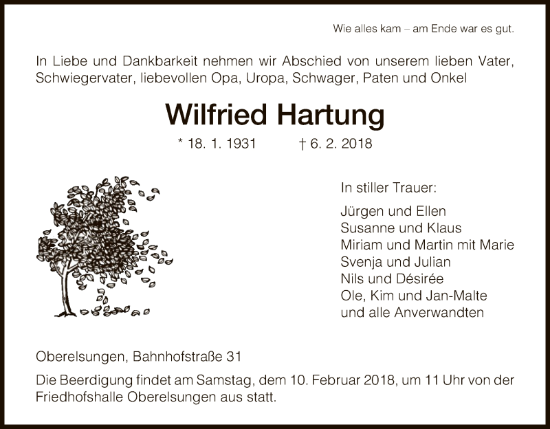  Traueranzeige für Wilfried Hartung vom 08.02.2018 aus HNA
