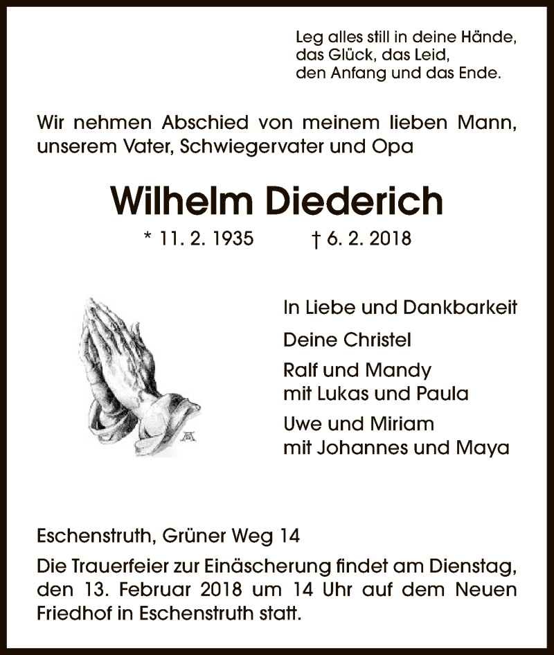  Traueranzeige für Wilhelm Diederich vom 10.02.2018 aus HNA