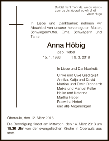 Traueranzeige von Anna Höbig von HNA