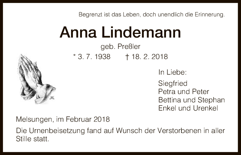  Traueranzeige für Anna Lindemann vom 03.03.2018 aus HNA