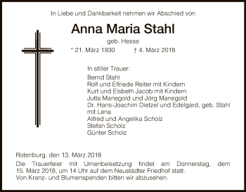 Traueranzeige von Anna Maria Stahl von HNA