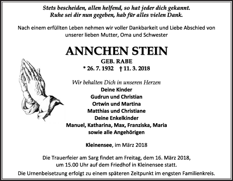  Traueranzeige für Annchen Stein vom 14.03.2018 aus etm