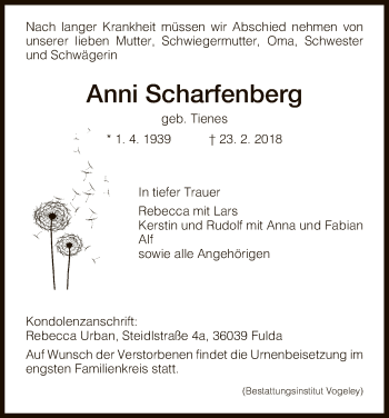 Traueranzeige von Anni Scharfenberg von HNA