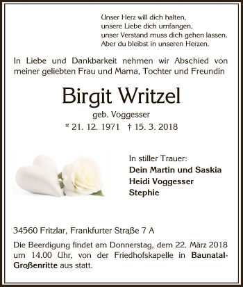 Traueranzeige von Birgit Writzel von HNA