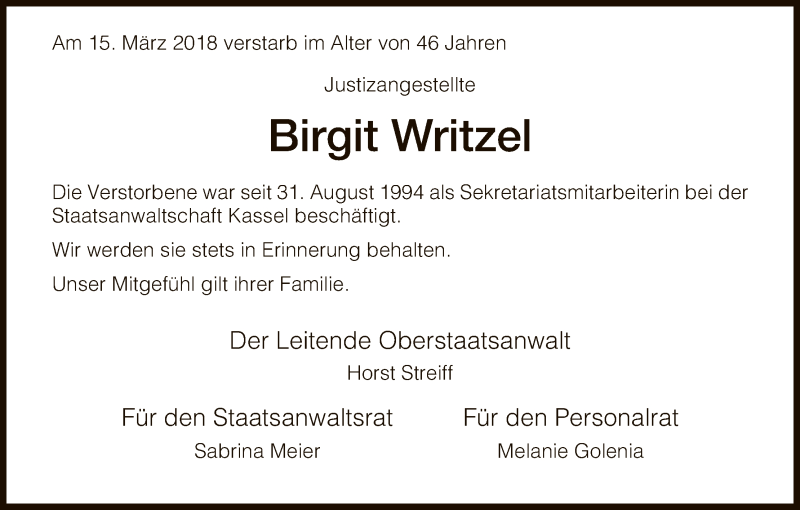  Traueranzeige für Birgit Writzel vom 24.03.2018 aus HNA