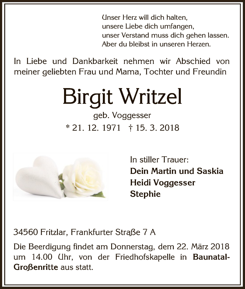  Traueranzeige für Birgit Writzel vom 19.03.2018 aus HNA