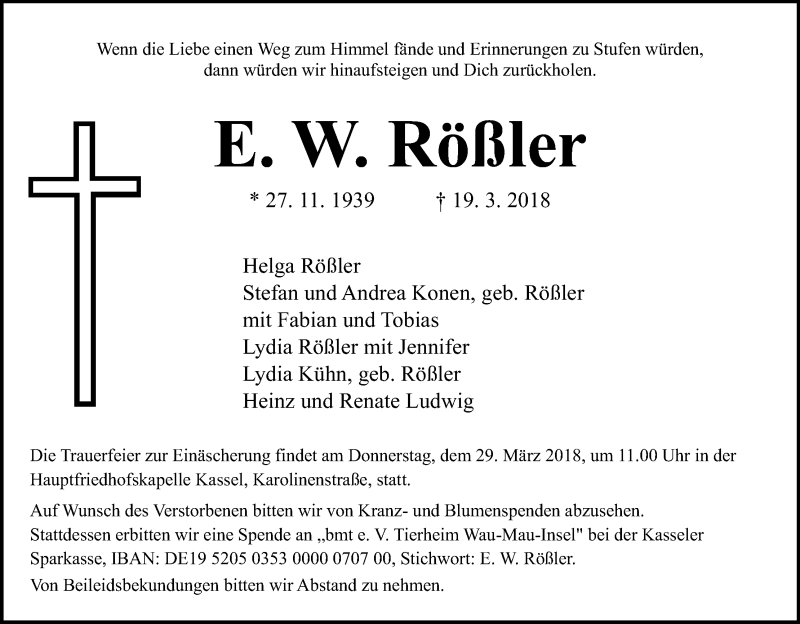  Traueranzeige für Ernst Winfried Rößler vom 24.03.2018 aus HNA
