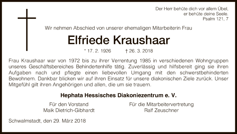  Traueranzeige für Elfriede Kraushaar vom 29.03.2018 aus HNA