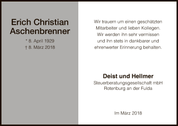 Traueranzeige von Erich Christian Aschenbrenner von HNA