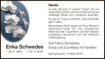 Traueranzeige von Erika Schwedes von HNA