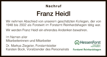 Traueranzeige von Franz Heidl von HNA