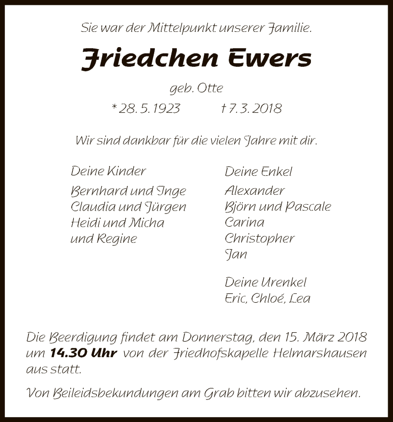  Traueranzeige für Friedchen Ewers vom 13.03.2018 aus HNA