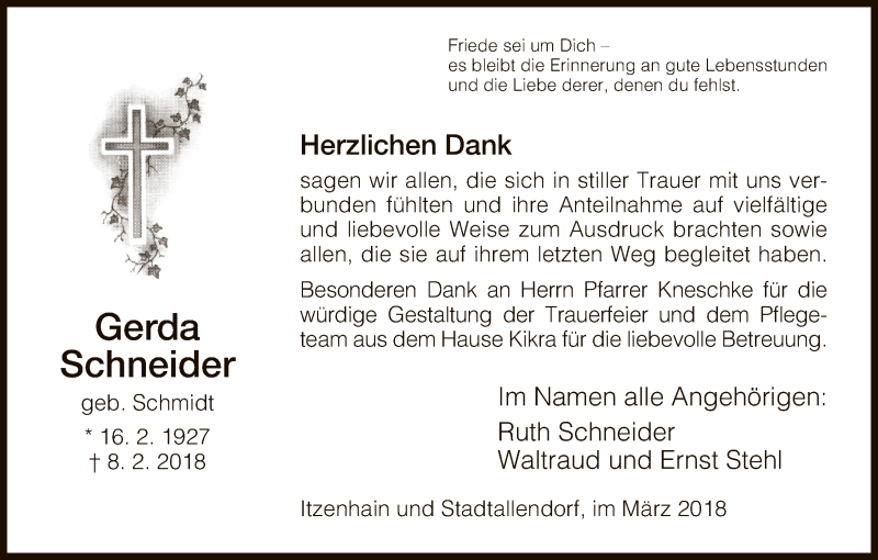  Traueranzeige für Gerda Schneider vom 10.03.2018 aus HNA