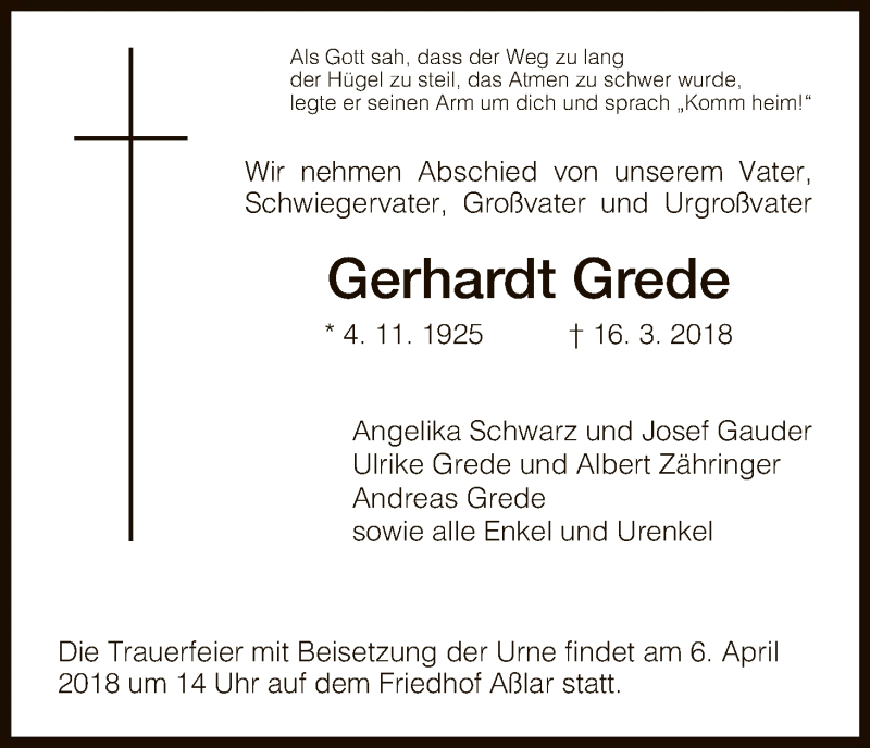  Traueranzeige für Gerhardt Grede vom 24.03.2018 aus HNA