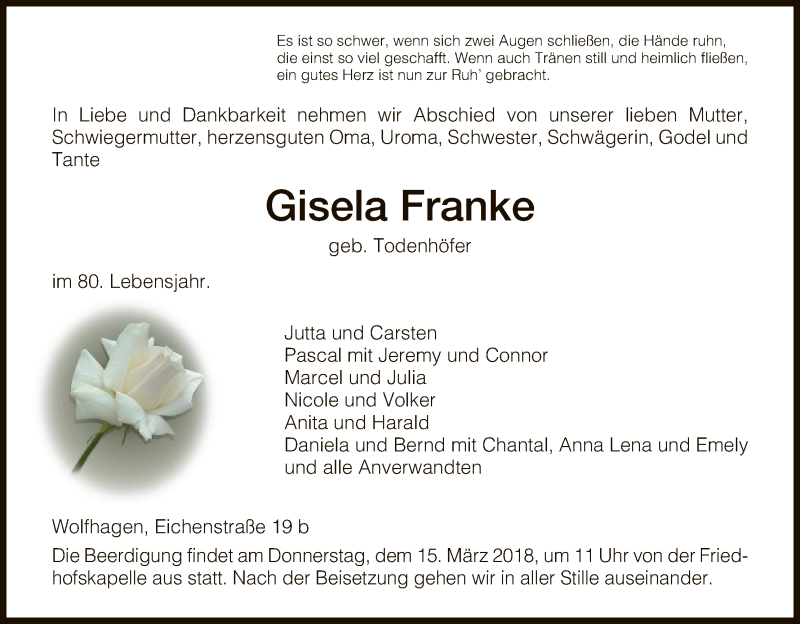  Traueranzeige für Gisela Franke vom 12.03.2018 aus HNA