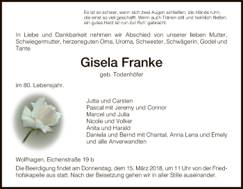 Traueranzeige von Gisela Franke von HNA