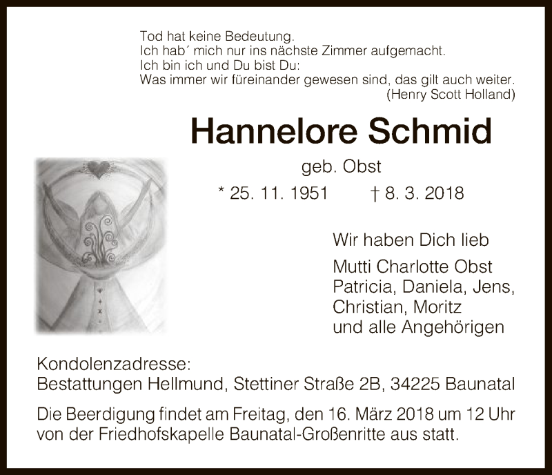  Traueranzeige für Hannelore Schmid vom 13.03.2018 aus HNA
