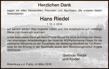 Traueranzeige von Hans Riedel von HNA