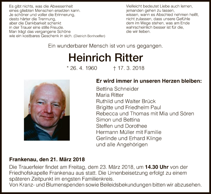  Traueranzeige für Heinrich Ritter vom 21.03.2018 aus HNA