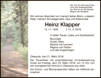 Traueranzeige von Heinz Klapper von HNA