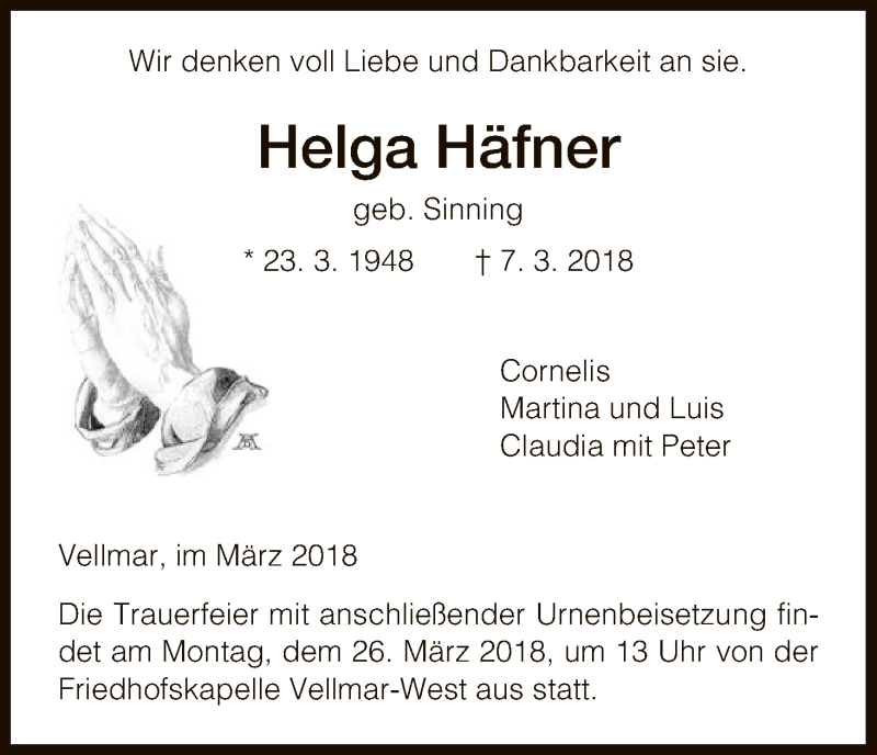  Traueranzeige für Helga Häfner vom 24.03.2018 aus HNA