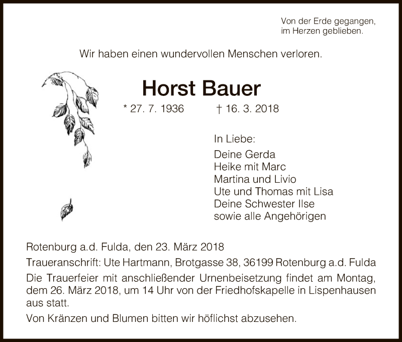  Traueranzeige für Horst Bauer vom 23.03.2018 aus HNA