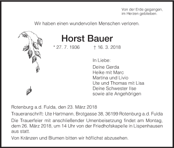 Traueranzeige von Horst Bauer von etm