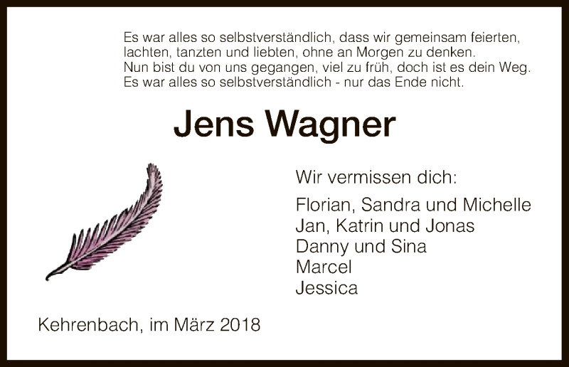  Traueranzeige für Jens Wagner vom 09.03.2018 aus HNA