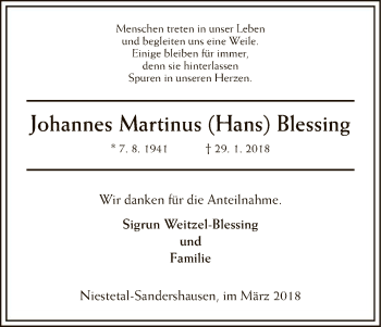 Traueranzeige von Johannes Martinus Blessing von HNA