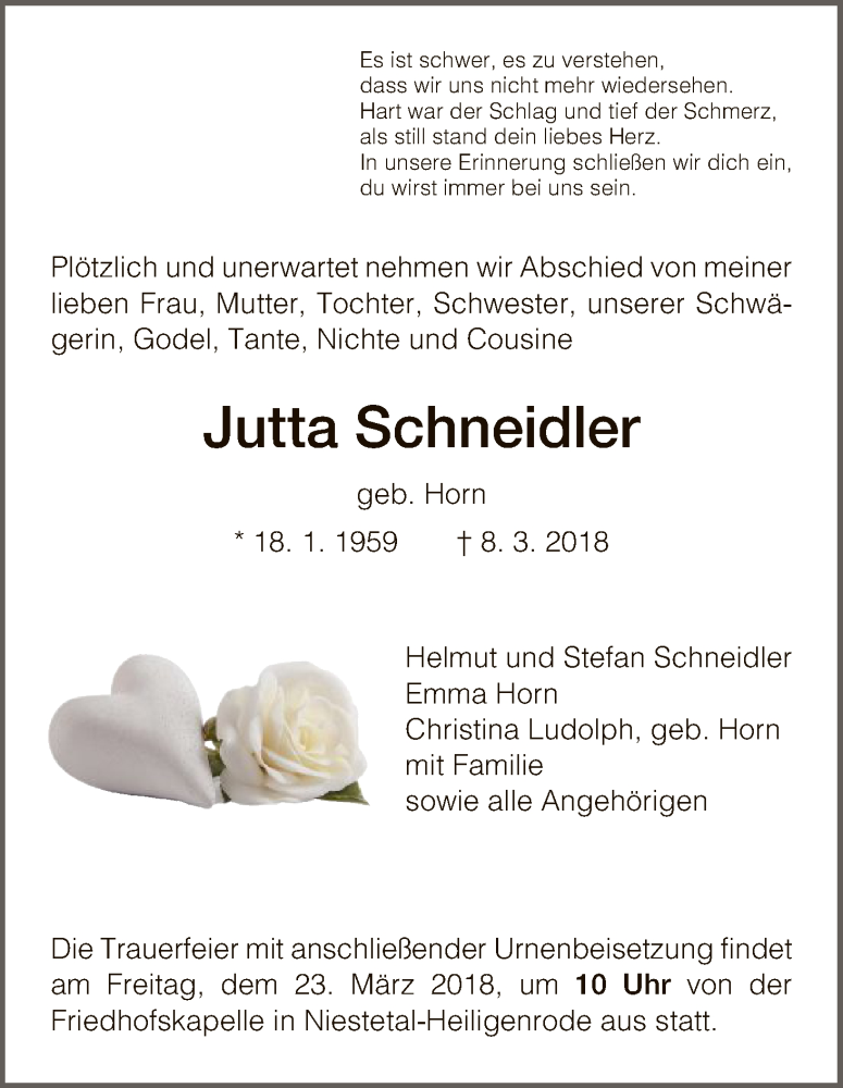  Traueranzeige für Jutta Schneidler vom 19.03.2018 aus HNA