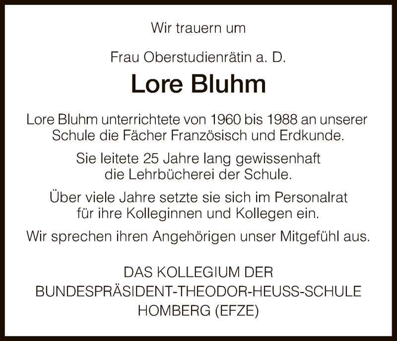  Traueranzeige für Lore Bluhm vom 24.03.2018 aus HNA