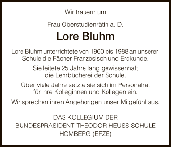 Traueranzeige von Lore Bluhm von HNA