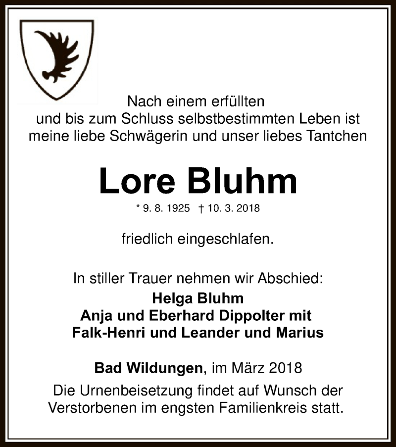  Traueranzeige für Lore Bluhm vom 17.03.2018 aus HNA