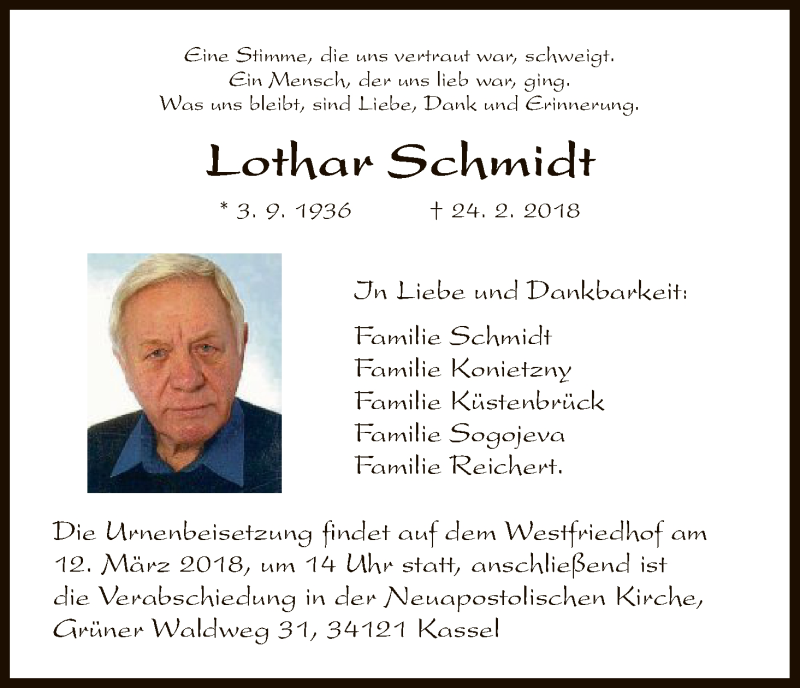  Traueranzeige für Lothar Schmidt vom 07.03.2018 aus HNA