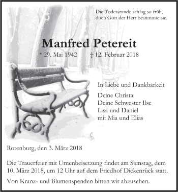 Traueranzeige von Manfred Petereit von etm