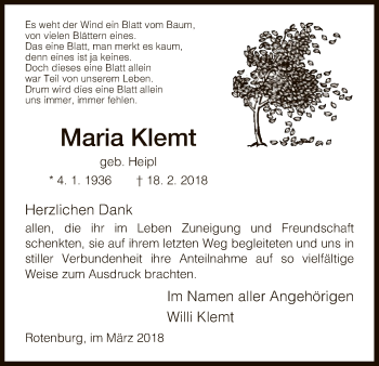 Traueranzeige von Maria Klemt von HNA