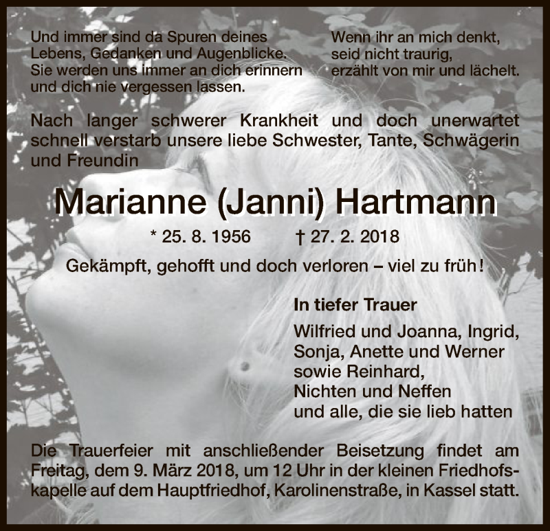  Traueranzeige für Marianne Hartmann vom 03.03.2018 aus HNA