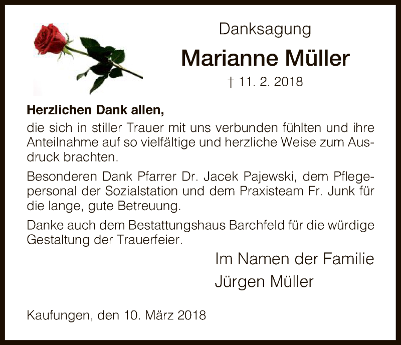  Traueranzeige für Marianne Müller vom 10.03.2018 aus HNA