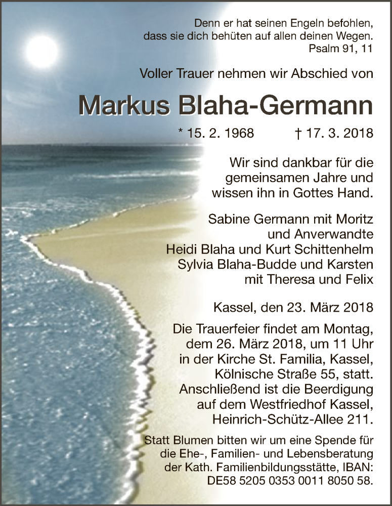  Traueranzeige für Markus Blaha-Germann vom 23.03.2018 aus HNA