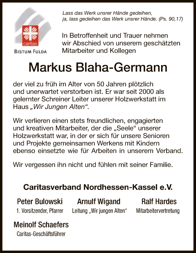  Traueranzeige für Markus Blaha-Germann vom 23.03.2018 aus HNA